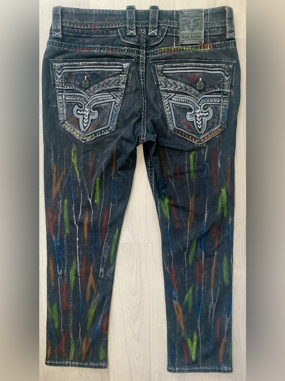 Rock Revival Lunar Rock Alt Straight Men’s Black Jeans with Multicolor Streaks - Picture 8 of 16